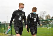11 November 2020; Liam Scales, left, and Jamie Lennon arrive prior to a Republic of Ireland U21 training session at the FAI National Training Centre in Abbotstown, Dublin. Photo by Seb Daly/Sportsfile