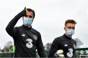 11 November 2020; Zack Elbouzedi, left, and Connor Ronan arrive prior to a Republic of Ireland U21 training session at the FAI National Training Centre in Abbotstown, Dublin. Photo by Seb Daly/Sportsfile