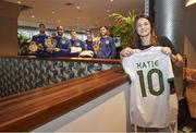 11 November 2020; Boxer Katie Taylor with members of the Republic of Ireland team, from left, Shane Duffy, Darren Randolph, James McClean, Seamus Coleman and Jeff Hendrick at their Wembley hotel in London, England. Photo by Mark Robinson / Matchroom Boxing via Sportsfile