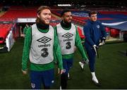 11 November 2020; Republic of Ireland players, from left, Jeff Hendrick, Cyrus Christie and Mark Travers during a Republic of Ireland training session at Wembley Stadium in London, England. Photo by Stephen McCarthy/Sportsfile