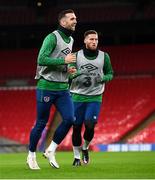 11 November 2020; Shane Duffy and Matt Doherty, right, during a Republic of Ireland training session at Wembley Stadium in London, England. Photo by Stephen McCarthy/Sportsfile