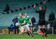 7 November 2020; Hugh Bourke of Limerick gets away from referee Maurice Deegan during the Munster GAA Football Senior Championship Semi-Final match between Limerick and Tipperary at LIT Gaelic Grounds in Limerick. Photo by Piaras Ó Mídheach/Sportsfile
