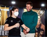 12 November 2020; Katie Taylor with promoter Eddie Hearn at a press conference in advance of her Undisputed Lightweight Championship fight with Miriam Gutierrez on Saturday night. Photo by Mark Robinson / Matchroom Boxing via Sportsfile