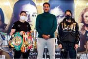 12 November 2020; Katie Taylor and Miriam Gutierrez with promoter Eddie Hearn at a press conference in advance of her Undisputed Lightweight Championship fight with Miriam Gutierrez on Saturday night. Photo by Mark Robinson / Matchroom Boxing via Sportsfile