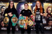 12 November 2020; Katie Taylor with Terri Harper, left, and Rachel Ball at a press conference in advance of her Undisputed Lightweight Championship fight with Miriam Gutierrez on Saturday night. Photo by Mark Robinson / Matchroom Boxing via Sportsfile
