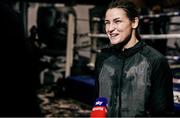 12 November 2020; Katie Taylor is interviewed after a workout in advance of her Undisputed Lightweight Championship fight with Miriam Gutierrez on Saturday night. Photo by Mark Robinson / Matchroom Boxing via Sportsfile