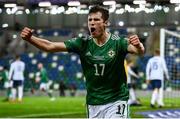 12 November 2020; Paddy McNair of Northern Ireland celebrates after Milan Škriniar of Slovakia scored an own goal during the UEFA EURO2020 Qualifying Play-Off Final match between Northern Ireland and Slovakia at National Football Stadium at Windsor Park in Belfast. Photo by David Fitzgerald/Sportsfile