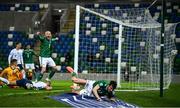 12 November 2020; Liam Boyce of Northern Ireland celebrates after Milan Škriniar of Slovakia scored an own goal during the UEFA EURO2020 Qualifying Play-Off Final match between Northern Ireland and Slovakia at National Football Stadium at Windsor Park in Belfast. Photo by David Fitzgerald/Sportsfile