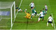 12 November 2020; Milan Škriniar of Slovakia scores an own goal during the UEFA EURO2020 Qualifying Play-Off Final match between Northern Ireland and Slovakia at National Football Stadium at Windsor Park in Belfast. Photo by David Fitzgerald/Sportsfile