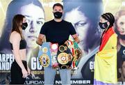 13 November 2020; Katie Taylor faces off with Miriam Gutierrez in front of promoter Eddie Hearn at SSE Wembley Arena in London, England,  in advance of their Undisputed Lightweight Championship fight on Saturday night. Photo by Mark Robinson / Matchroom Boxing via Sportsfile