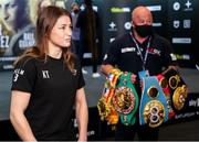 13 November 2020; Katie Taylor speaks to media with her belts at the SSE Wembley Arena, London, England, in advance of her Undisputed Lightweight Championship fight with Miriam Gutierrez on Saturday night. Photo by Mark Robinson / Matchroom Boxing via Sportsfile