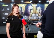 13 November 2020; Katie Taylor speaks to the media at the SSE Wembley Arena, London, England, in advance of her Undisputed Lightweight Championship fight with Miriam Gutierrez on Saturday night. Photo by Mark Robinson / Matchroom Boxing via Sportsfile
