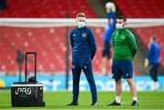 12 November 2020; Sam Rice, Republic of Ireland athletic therapist, and Kevin Mulholland, Republic of Ireland chartered physiotherapist, during the International Friendly match between England and Republic of Ireland at Wembley Stadium in London, England. Photo by Stephen McCarthy/Sportsfile