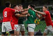 13 November 2020; Wales players Taulupe Faletau, left, Josh Adams, centre, and Liam Williams tussle with Hugo Keenan, left, and James Lowe of Ireland during the Autumn Nations Cup match between Ireland and Wales at Aviva Stadium in Dublin. Photo by Ramsey Cardy/Sportsfile