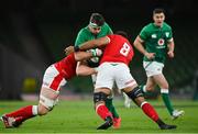 13 November 2020; Caelan Doris of Ireland is tackled by Alun Wyn-Jones, left, and Taulupe Faletau of Wales during the Autumn Nations Cup match between Ireland and Wales at Aviva Stadium in Dublin. Photo by Ramsey Cardy/Sportsfile