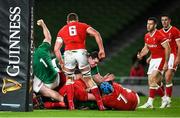 13 November 2020; Quinn Roux of Ireland, bottom, scores his side's first try during the Autumn Nations Cup match between Ireland and Wales at Aviva Stadium in Dublin. Photo by David Fitzgerald/Sportsfile