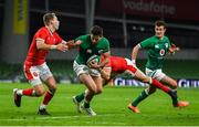13 November 2020; Hugo Keenan of Ireland is tackled by Liam Williams, left, and Leigh Halfpenny of Wales during the Autumn Nations Cup match between Ireland and Wales at Aviva Stadium in Dublin. Photo by David Fitzgerald/Sportsfile