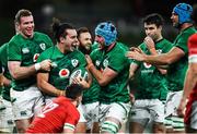 13 November 2020; James Lowe of Ireland celebrates with team-mates Chris Farrell, left, and Will Connors after scoring their side's second try during the Autumn Nations Cup match between Ireland and Wales at Aviva Stadium in Dublin. Photo by David Fitzgerald/Sportsfile