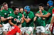 13 November 2020; James Lowe of Ireland celebrates with team-mates Chris Farrell, left, and Will Connors after scoring their side's second try during the Autumn Nations Cup match between Ireland and Wales at Aviva Stadium in Dublin. Photo by David Fitzgerald/Sportsfile