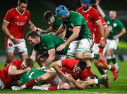 13 November 2020; Ireland players, Chris Farrell, Caelan Doris and Will Connors celebrate as James Lowe scores their side's second try during the Autumn Nations Cup match between Ireland and Wales at Aviva Stadium in Dublin. Photo by David Fitzgerald/Sportsfile
