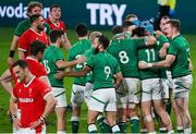 13 November 2020; James Lowe of Ireland is congratulated by team-mates after scoring his side's second try during the Autumn Nations Cup match between Ireland and Wales at Aviva Stadium in Dublin. Photo by Ramsey Cardy/Sportsfile