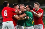 13 November 2020; Wales players Taulupe Faletau, left, Josh Adams, centre, and Liam Williams tussle with Hugo Keenan, left, and James Lowe of Ireland during the Autumn Nations Cup match between Ireland and Wales at Aviva Stadium in Dublin. Photo by Ramsey Cardy/Sportsfile