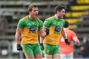 14 November 2020; Peadar Mogan celebrates with Donegal team-mate Ryan McHugh, right, after scoring his side's first goal during the Ulster GAA Football Senior Championship Semi-Final match between Donegal and Armagh at Kingspan Breffni in Cavan. Photo by Ramsey Cardy/Sportsfile