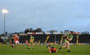 14 November 2020; Paddy McBrearty of Donegal watches his shot at goal despite the attention of Stefan Campbell of Armagh during the Ulster GAA Football Senior Championship Semi-Final match between Donegal and Armagh at Kingspan Breffni in Cavan. Photo by Ramsey Cardy/Sportsfile