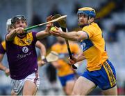 14 November 2020; Seadna Morey of Clare in action against Liam Og McGovern of Wexford during the GAA Hurling All-Ireland Senior Championship Qualifier Round 2 match between Wexford and Clare at MW Hire O'Moore Park in Portlaoise, Laois. Photo by Matt Browne/Sportsfile