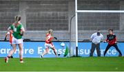 14 November 2020; Kelly Mallon of Armagh shoots to score her side's first goal despite the efforts of Laura Brennan of Mayo during the TG4 All-Ireland Senior Ladies Football Championship Round 3 match between Armagh and Mayo at Parnell Park in Dublin. Photo by Sam Barnes/Sportsfile