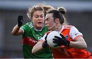 14 November 2020; Sarah Marley of Armagh in action against Sarah Rowe of Mayo during the TG4 All-Ireland Senior Ladies Football Championship Round 3 match between Armagh and Mayo at Parnell Park in Dublin. Photo by Sam Barnes/Sportsfile