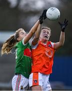 14 November 2020; Tiarna Grimes of Armagh in action against Sarah Rowe of Mayo during the TG4 All-Ireland Senior Ladies Football Championship Round 3 match between Armagh and Mayo at Parnell Park in Dublin. Photo by Sam Barnes/Sportsfile