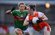 14 November 2020; Sarah Marley of Armagh in action against Sarah Rowe of Mayo during the TG4 All-Ireland Senior Ladies Football Championship Round 3 match between Armagh and Mayo at Parnell Park in Dublin. Photo by Sam Barnes/Sportsfile