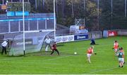 14 November 2020; Kelly Mallon of Armagh shoots to score her side's first goal despite the efforts of Laura Brennan of Mayo  during the TG4 All-Ireland Senior Ladies Football Championship Round 3 match between Armagh and Mayo at Parnell Park in Dublin. Photo by Sam Barnes/Sportsfile