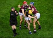 14 November 2020; Richie Leahy of Kilkenny in action against Joe Canning and Johnny Coen of Galway as referee Fergal Horgan gets out of the way during the Leinster GAA Hurling Senior Championship Final match between Kilkenny and Galway at Croke Park in Dublin. Photo by Harry Murphy/Sportsfile