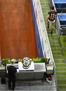 14 November 2020; Kilkenny captain Colin Fennelly leaves the Bob O'Keeffe Cup on the plinth following the Leinster GAA Hurling Senior Championship Final match between Kilkenny and Galway at Croke Park in Dublin. Photo by Harry Murphy/Sportsfile