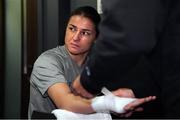 14 November 2020; Katie Taylor has her hands wrapped prior to her Undisputed Female Lightweight Championship bout against Miriam Gutierrez at SSE Wembley Arena in London, England. Photo by Dave Thompson / Matchroom Boxing via Sportsfile