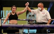 14 November 2020; Katie Taylor is declared victorious by referee John Latham following her Undisputed Female Lightweight Championship bout against Miriam Gutierrez at SSE Wembley Arena in London, England. Photo by Mark Robinson / Matchroom Boxing via Sportsfile