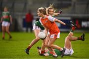 14 November 2020; Eve Lavery of Armagh in action against Mary McHale, left, and Kathryn Sullivan of Mayo during the TG4 All-Ireland Senior Ladies Football Championship Round 3 match between Armagh and Mayo at Parnell Park in Dublin. Photo by Sam Barnes/Sportsfile