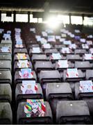 15 November 2020; Drawings supporting Galway are seen on empty seats prior to the Connacht GAA Football Senior Championship Final match between Galway and Mayo at Pearse Stadium in Galway. Photo by David Fitzgerald/Sportsfile