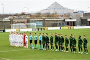 15 November 2020; Republic of Ireland and Iceland players line up prior to the UEFA European U21 Championship Qualifier match between Republic of Ireland and Iceland at Tallaght Stadium in Dublin.  Photo by Harry Murphy/Sportsfile