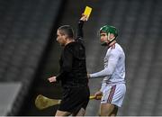 14 November 2020; Éanna Murphy of Galway is shown a yellow card by referee Fergal Horgan during the Leinster GAA Hurling Senior Championship Final match between Kilkenny and Galway at Croke Park in Dublin. Photo by Seb Daly/Sportsfile