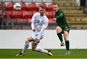 15 November 2020; Anthony Scully of Republic of Ireland in action against Hörður Ingi Gunnarsson of Iceland during the UEFA European U21 Championship Qualifier match between Republic of Ireland and Iceland at Tallaght Stadium in Dublin.  Photo by Harry Murphy/Sportsfile