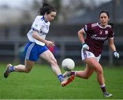 15 November 2020; Cora Courtney of Monaghan in action against Fabienne Cooney of Galway during the TG4 All-Ireland Senior Ladies Football Championship Round 3 match between Galway and Monaghan at Páirc Seán Mac Diarmada in Carrick-on-Shannon, Leitrim. Photo by Sam Barnes/Sportsfile