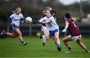 15 November 2020; Lauren Garland of Monaghan in action against Fabienne Cooney of Galway during the TG4 All-Ireland Senior Ladies Football Championship Round 3 match between Galway and Monaghan at Páirc Seán Mac Diarmada in Carrick-on-Shannon, Leitrim. Photo by Sam Barnes/Sportsfile