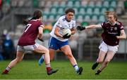 15 November 2020; Muireann Atkinson of Monaghan in action against Nicola Ward, left, and Louise Ward of Galway during the TG4 All-Ireland Senior Ladies Football Championship Round 3 match between Galway and Monaghan at Páirc Seán Mac Diarmada in Carrick-on-Shannon, Leitrim. Photo by Sam Barnes/Sportsfile