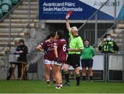 15 November 2020; Fabienne Cooney of Galway, left, is shown a red card by referee Mel Kenny during the TG4 All-Ireland Senior Ladies Football Championship Round 3 match between Galway and Monaghan at Páirc Seán Mac Diarmada in Carrick-on-Shannon, Leitrim. Photo by Sam Barnes/Sportsfile