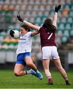 15 November 2020; Muireann Atkinson of Monaghan in action against Nicola Ward of Galway during the TG4 All-Ireland Senior Ladies Football Championship Round 3 match between Galway and Monaghan at Páirc Seán Mac Diarmada in Carrick-on-Shannon, Leitrim. Photo by Sam Barnes/Sportsfile