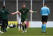 15 November 2020; Nathan Collins of Republic of Ireland protests after receiving a red card during the UEFA European U21 Championship Qualifier match between Republic of Ireland and Iceland at Tallaght Stadium in Dublin.  Photo by Harry Murphy/Sportsfile