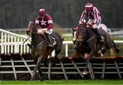 15 November 2020; Abacadabras, left, with Jack Kennedy up, jumps the last, alongside eventual fourth place Coeur Sublime, with Keith Donoghue up, on their way to winning the Unibet Morgiana Hurdle at Punchestown Racecourse in Kildare. Photo by Seb Daly/Sportsfile